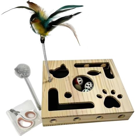 Boîte d'enrichissement et de grattage pour Chat, boîte à Limes à Griffes en Bois Massif, Alternative sans Stress aux Coupe-Griffes, avec Papier de Verre à l'intérieur, 2 Jouets à agiter et 4 balles (1/5)