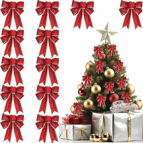 Noeud de Ruban de Noël, 12 Pcs Scintillant Nœuds Rouges Décorations de Noël, Nœuds Décoratifs en Tissu (1/5)