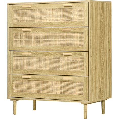 Kommode mit vier Schubladen aus geflochtenem Rattan, Aufbewahrungsmöbel im Bohème-Stil, 90 x 45 x 108,5 cm, helle Holzoptik