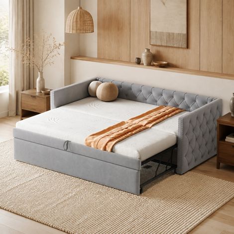 Lit banquette moderne capitonné en velours gris clair 90x200 cm avec sommier à lattes extensible (1/5)