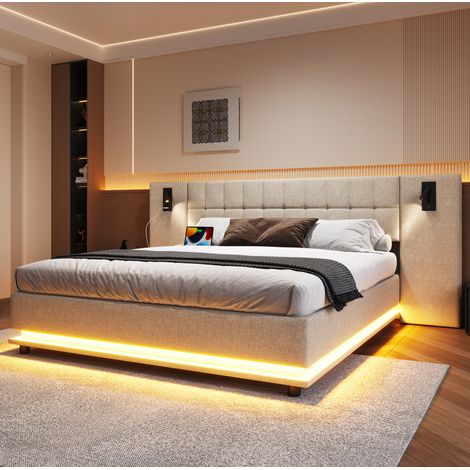Polsterbett 180/200 cm beige aus Leinen mit LED-Leiste, Spot und USB (1/5)