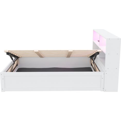 Cama multifunción 90 x 200 cm con almacenaje, tira LED y enchufe integrado, blanca, MODENUIT (1/5)