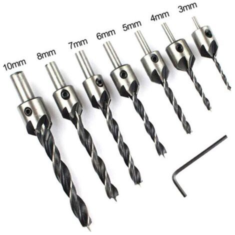 Confezione da 7 punte da trapano HSS 5 a testa svasata per smussatura del legno, misura con chiave da 3 a 10 mm, punta da trapano per smussatura con posizionamento regolabile