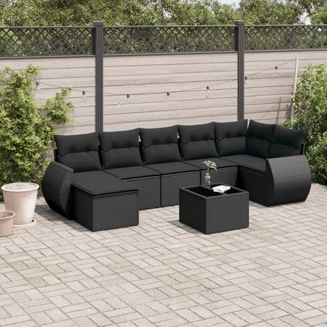 8-tlg. Garten-Sofagarnitur mit Kissen Schwarz Poly Rattan (1/3)