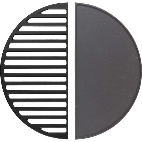 Wiltec Set 1x parrilla y 1x plancha semicirculares de hierro fundido 49,8 x 24,3 x 0,9 cm para barbacoa, barbecue, BBQ, para carnes, pescados y verduras, fácil de limpiar