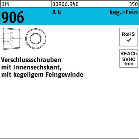 DIN 906 Verschlussschraube Kegeliges Feingewinde VG M12 Edelstahl A4 blank Innensechskant 100 Stk (1/2)