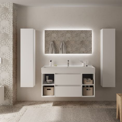 Meuble de salle de bain BEQUIA Plus 120cm Blanc mat Vasque Porcelaine Centrale (1/5)