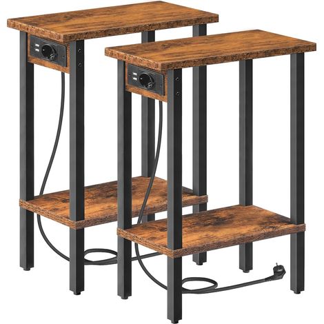 Tables d’Appoint étroite, Lot 2 Bouts Canapé à 2 Niveaux avec Station Charge, Tables Chevet avec Rangement, pour Petit Espace, Salon, Chambre, Bureau, Marron Rustique et Noir (1/5)