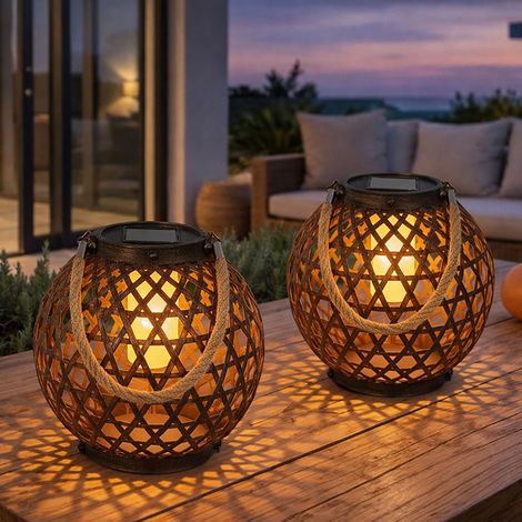 Solarleuchte Kugel Rostoptik Solar Garten Feuereffekt Außen Solarlampe Hanfseil, aufhängen/hinstellen, LED warmweiß, DxH 20x36, 2er Set
