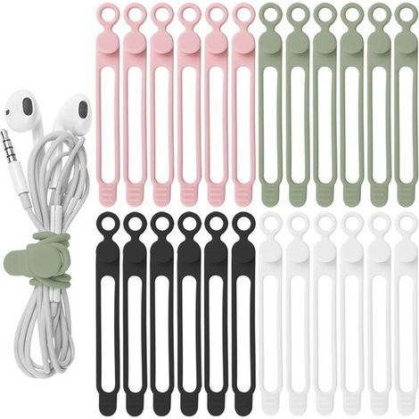 Attaches de câble en silicone, lot de 24, pour l'organisation des câbles d'écouteurs, de chargeurs de téléphone portable et d'ordinateur attaches de câble réutilisables pour un usage domestique, B (1/5)