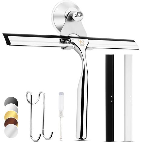 25 cm Duschabzieher, großer silberner Abzieher – 6-teiliges Set mit 2 Ersatz-Silikonlippen, Reiniger für Dusche, Badezimmer, Fliesen, Spiegel, Fenster (25 cm, Silber) (1/5)