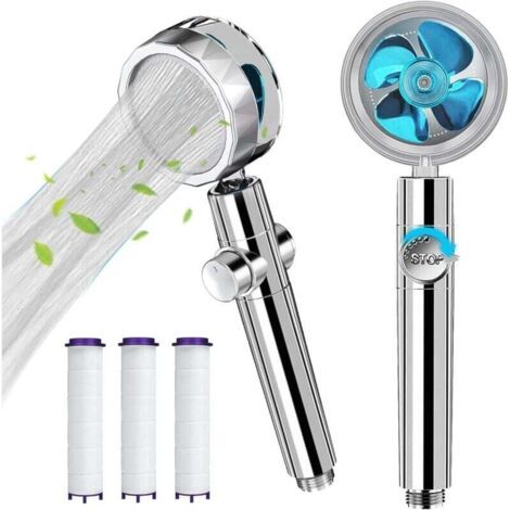 Pommeau de douche haute pression avec ventilateur turbo rotatif à 360 degrés, pommeau de douche hydrojet avec 3 filtres turbocompressé (bleu) (1/4)