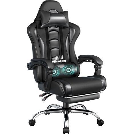 Chaise Gaming Massage Dossier Ailes Latérales Repose-Pieds Noir (1/5)