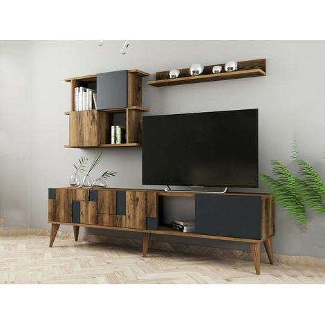 Dmora - Fernsehschrank Menk, Ständer für Wohnzimmerfernseher, Niedriges Wohnzimmer-Sideboard, TV-Ständerbasis, 180x34h49 cm, Walnuss und Anthrazit, mit verstärkter Verpackung (1/5)