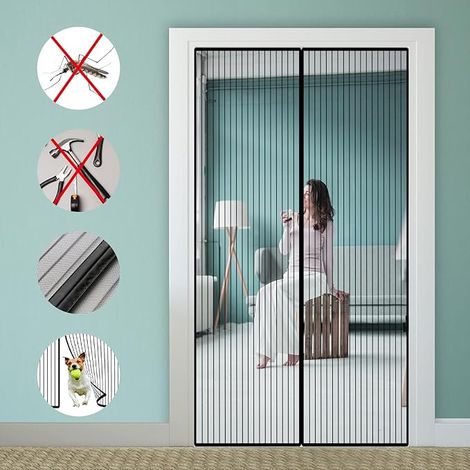 Moustiquaire pour Porte, Rideau Moustiquaire Porte Magnétique, Maille Ultra Fine, Aimants Puissants, Fermeture Automatique, Rideaux Anti Mouche Pour Porte, Patio, Couloirs, Noir,80x210cm (1/5)