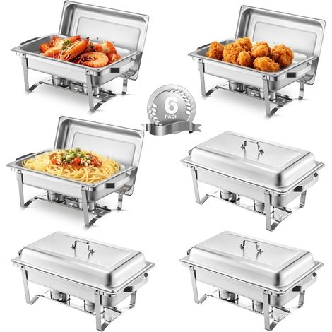 Chauffe-Plat 6PCs 7,5 L, Buffet Chauffant Rectangulaire, Réchaud en Acier Inoxydable, avec 6 Bacs Pleine Taille et Couvercle, pour Buffet Libre-Service Hôtel Traiteur Restauration, Argenté (1/5)