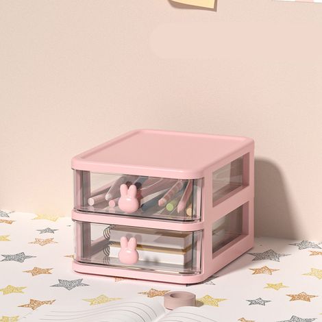 Boîte de rangement bureau transparente en plastique, grande capacité, poignée lapin, tiroir organiseur pour stylos et livres, rose, 2 étages (13,4x17x11 cm) (1/5)