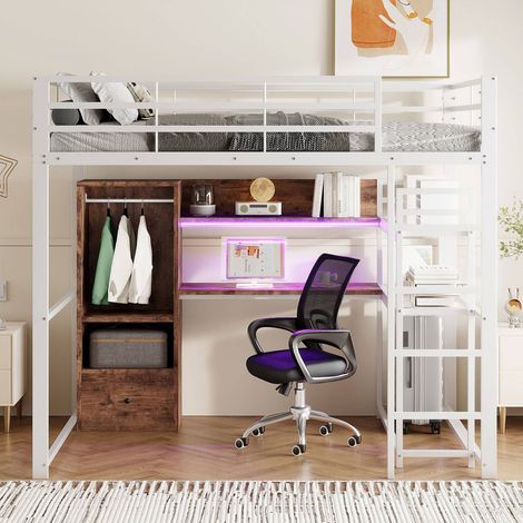 Lit mezzanine 140x200 cm en métal blanc avec bureau, étagères, tiroir et éclairage LED, sans matelas (1/5)