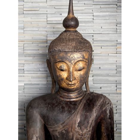 Papier peint panoramique bouddha zen pour salle de bain | Tapisserie panoramique bouddha fond bois gris | Papier peint panoramique salon & chambre adulte - 192 X 260 cm (4 pièces) (1/2)
