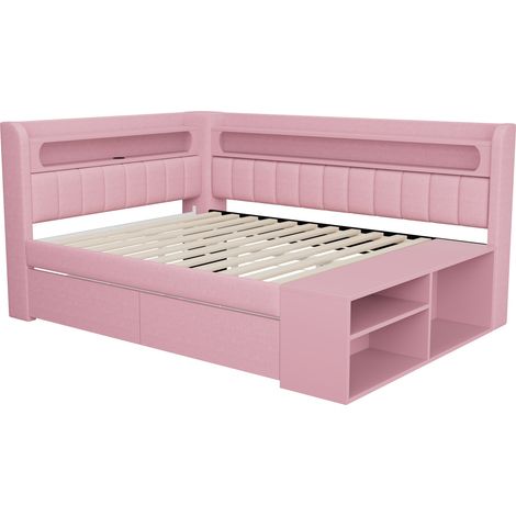 Polsterbett 90 x 200 cm rosa mit USB-Anschluss, LED-Leiste, Schuhablage und 2 Schubladen (1/5)