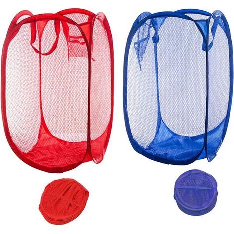 Lot de 2 paniers à linge pliables en maille, portables et sales, pour chambre à coucher, chambre d'enfant, dortoir d'université et voyage (bleu foncé + rouge) (1/5)