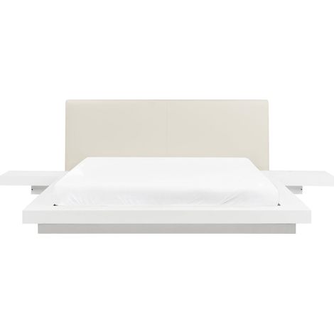 Lit Double à Eau 160x200 cm en MDF Blanc à Tables de Chevet et Cuir PU et Hévéa Zen (1/5)