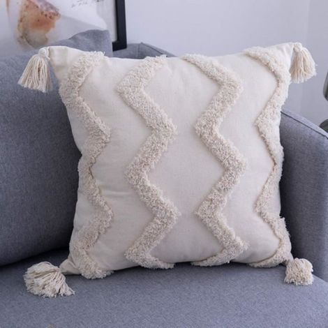 Housse de coussin décorative avec franges à pompons, style bohème super doux,45 x 45 cm, beige (1/4)