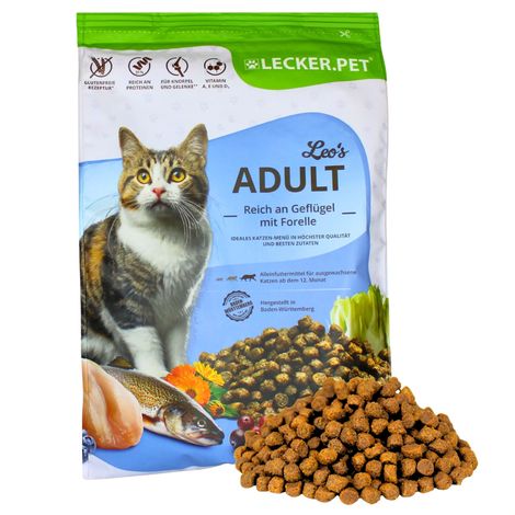 2,5 kg Lecker.Pet® Leo's Adult Geflügel & Forelle Katzenfutter Trockenfutter Vollnahrung