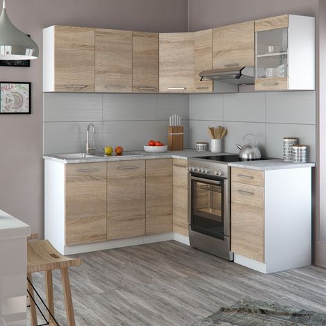 Cucina ad angolo R-Line, Sonoma/Bianco, 187 x 167 cm, PL Marmo con striscia LED, Vicco