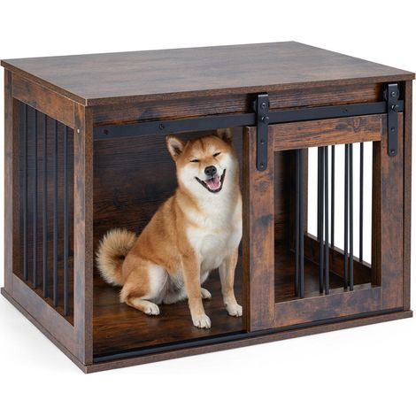 Niche chien meuble avec porte coulissante, cage pour chien intérieur en bois et métal, pour petits et moyens chiens (1/5)