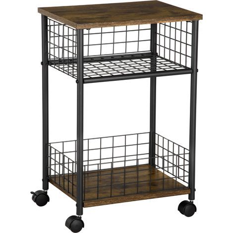 AMXCNOY Desserte sur roulettes avec plan de travail et 2 paniers de rangement, roulettes pivotantes 360°, brun rustique, 40x30x62 cm (1/5)