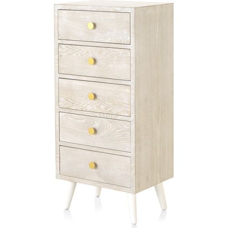 Commode à 5 tiroirs en bois patiné blanc avec poignée dorée (1/5)
