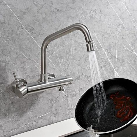 Robinet Cuisine Mural avec Raccord 3/4 pour Lave-Vaisselle, Mitigeur Cuisine avec 2 Types de Jets, Rotation à 360°, Sortie d'eau Tourne à 120°, Acier inoxydable, Hauteur Totale 240mm (1/4)