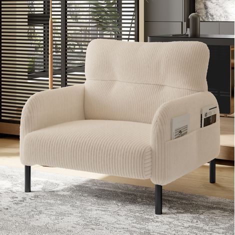 Sillón individual de corduroy, asiento profundo, respaldo ergonómico, con bolsillo lateral, beige (1/5)