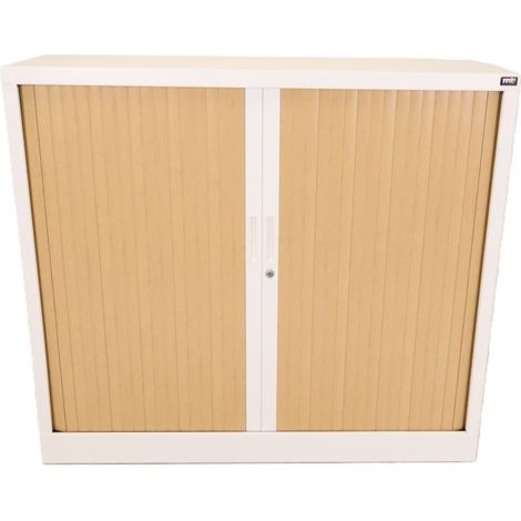 [JAMAIS UTILISE] Armoire Basse à Rideaux de Bureau MTI 2 Tablettes Corps Blanc et Rideaux Hêtre 120x105x43cm - AM1210R-HE (1/5)
