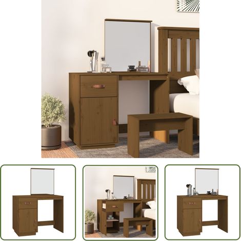 The Living Store Coiffeuse Marron miel 95x50x134 cm Bois de pin massif - Coiffeuse - Meuble De Salle De Bain - Table De Maquillage - Commode - Armoire De Toilette (1/5)