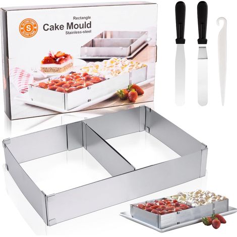2" Tall Adjustable Rectangular Baking Frame 27 x 7.5 to 20.5 x 13 Inch with Angle Palette Stainless Steel Baking Frame for Baking, Stacking Cakes (1/5)