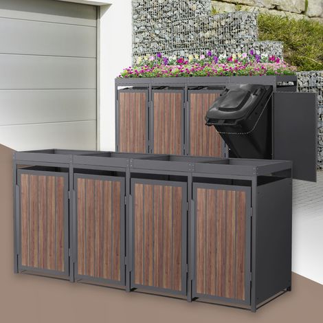 ML-Design Cobertizo para Ocultar 4 Cubos de Basura de 240L Antracita Roble Oscuro 260x80x124cm Caseta de Acero para Jardín, Contenedor Exterior Caja Resistente con Macetero Superior y Puerta Magnética (1/5)