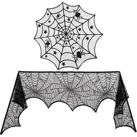 Nappe et chemin de table en dentelle noire à motif toile d'araignée, couvre-chemin de cheminée, pour une décoration de table d'Halloween effrayante. Tissu en polyester doux, style B, ensemble 2 pièces (1/5)