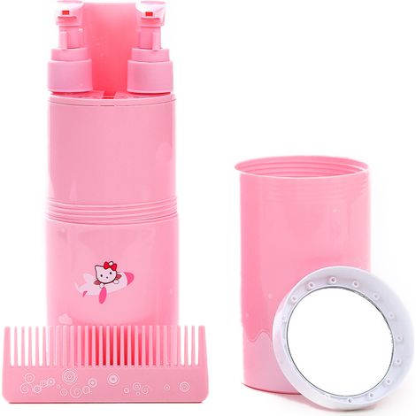Kit de 5 bouteilles de voyage roses avec gobelet de lavage, distributeur de shampoing et gel douche, peigne et miroir de maquillage. (1/5)