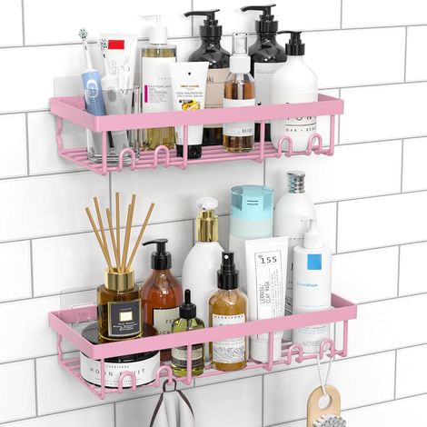 Organisateur de Plateau de Douche Caddy 2 Pack, Étagères de Douche Rose Sans Perçage, Accessoires de Rangement de Salle de Bain Autocollants (1/5)