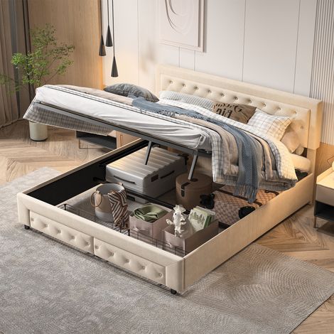 Letto Contenitore 180x200 cm, con Decorazione con Chiodi, 2 Cassetti di Rifornimento, Stile Classico, Rete a Doghe in Legno, Struttura in Metallo, Letto Trapuntato in Velluto - Beige (1/5)