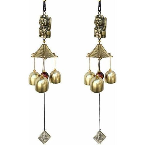 Lot de 2 carillons éoliens porte-bonheur décoration vintage cloches porte-bonheur chat suspendu pour l'école, le dîner pub, la réception, le jardin, marron, 9 x 6 x 6 (1/4)