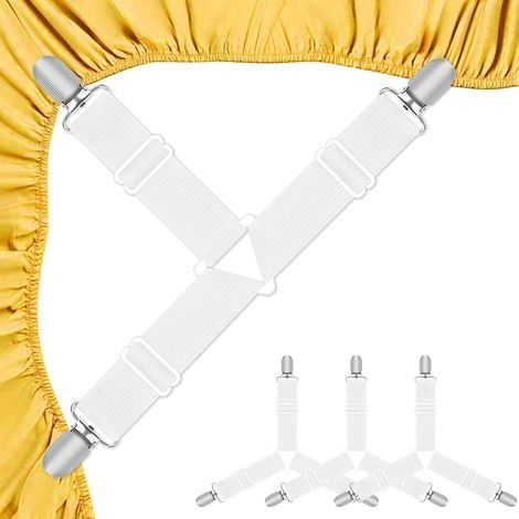 Tendeur Drap Housse, Set de 4 Pièces Blanches Aattache Drap Housse, Élastiques Ajustables Sangle Drap Housse avec Pinces Métalliques pour Draps de lit, Housses de Matelas, Coussins de Canapé (1/5)