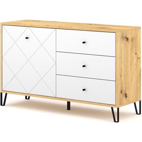 Buffet 1 porte 3 tiroirs 123,4x40x75,2 cm décor chêne et blanc (1/5)
