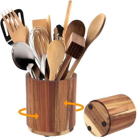 Porte-ustensiles de cuisine en bois, organiseur vertical à couverts rotatif à 360°, pot de rangement vintage pour couverts de table (1/5)