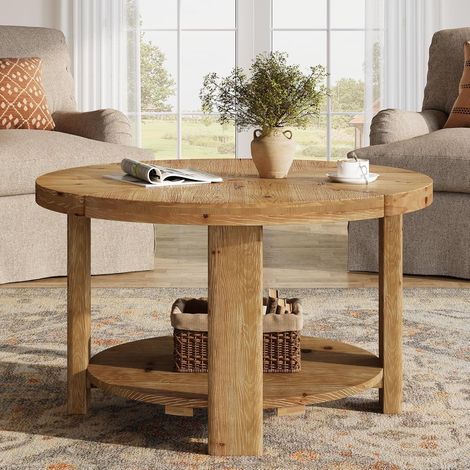 Tribesigns Round Coffee Table, 31.5" Farmhouse Solid Wood Coffee Table with Storage, 2-Tier Boho Circle Center Accent Furniture for Living Room, Natural Brown (1/5)