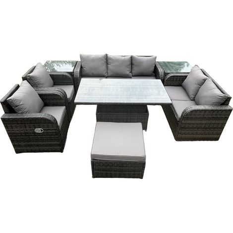Fimous Osier PE rotin ensemble salon de jardin extérieur hauteur réglable table à manger table inclinable canapé ensemble 2 tables d'appoint grand repose-pieds gris foncé mix (1/5)