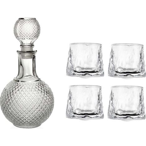 SET BOTTIGLIA SFERA IN VETRO DA 1 LITRO CON 4 BICCHIERI DA LIQUORE ROYAL CAPIENZA 150 ML