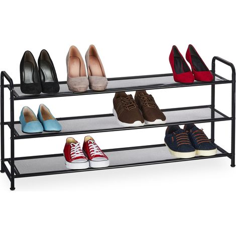 Relaxdays Shoe Rack, Storage for 12 Pairs, HxWxD: 48 x 100 x 25.5 cm, Metal Organiser, Narrow, 3 Shelves, Hallway, Black (1/5)